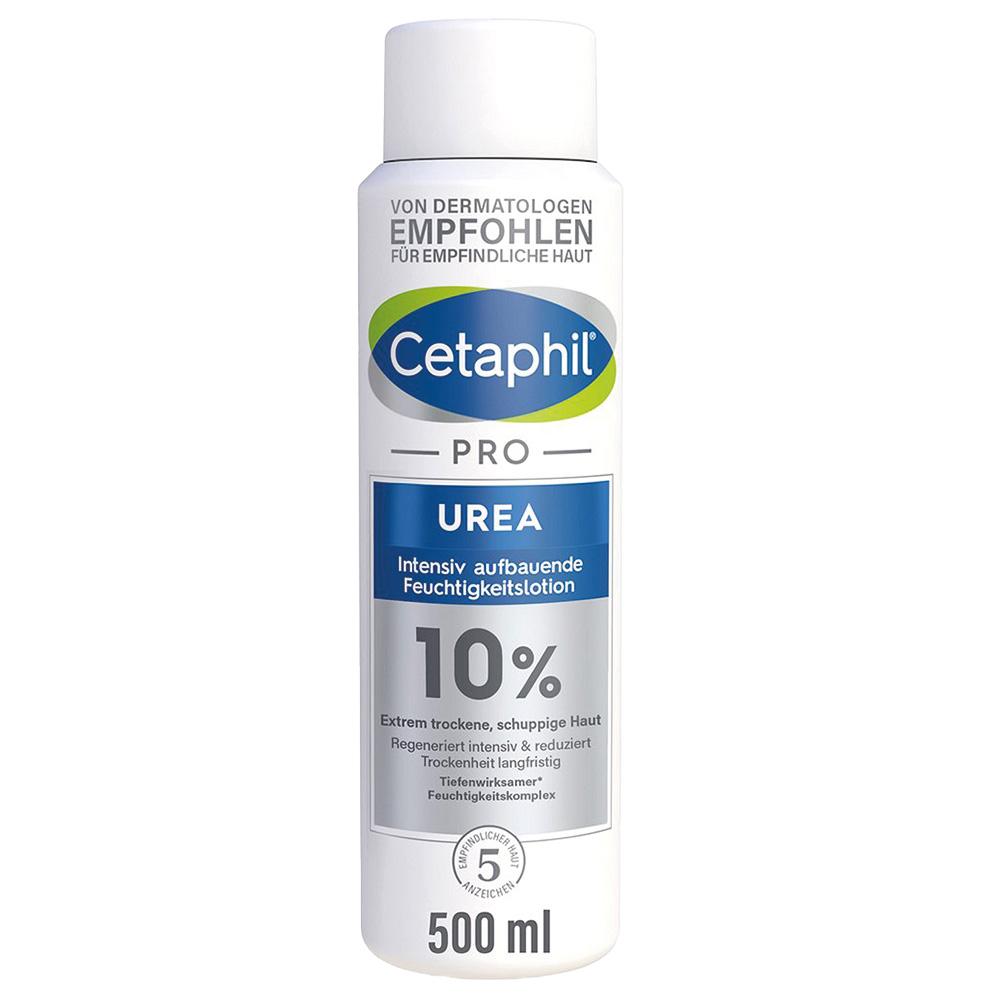 Wei&szlig;e Flasche Cetaphil Pro Urea Lotion f&uuml;r trockene Haut, 500 ml.