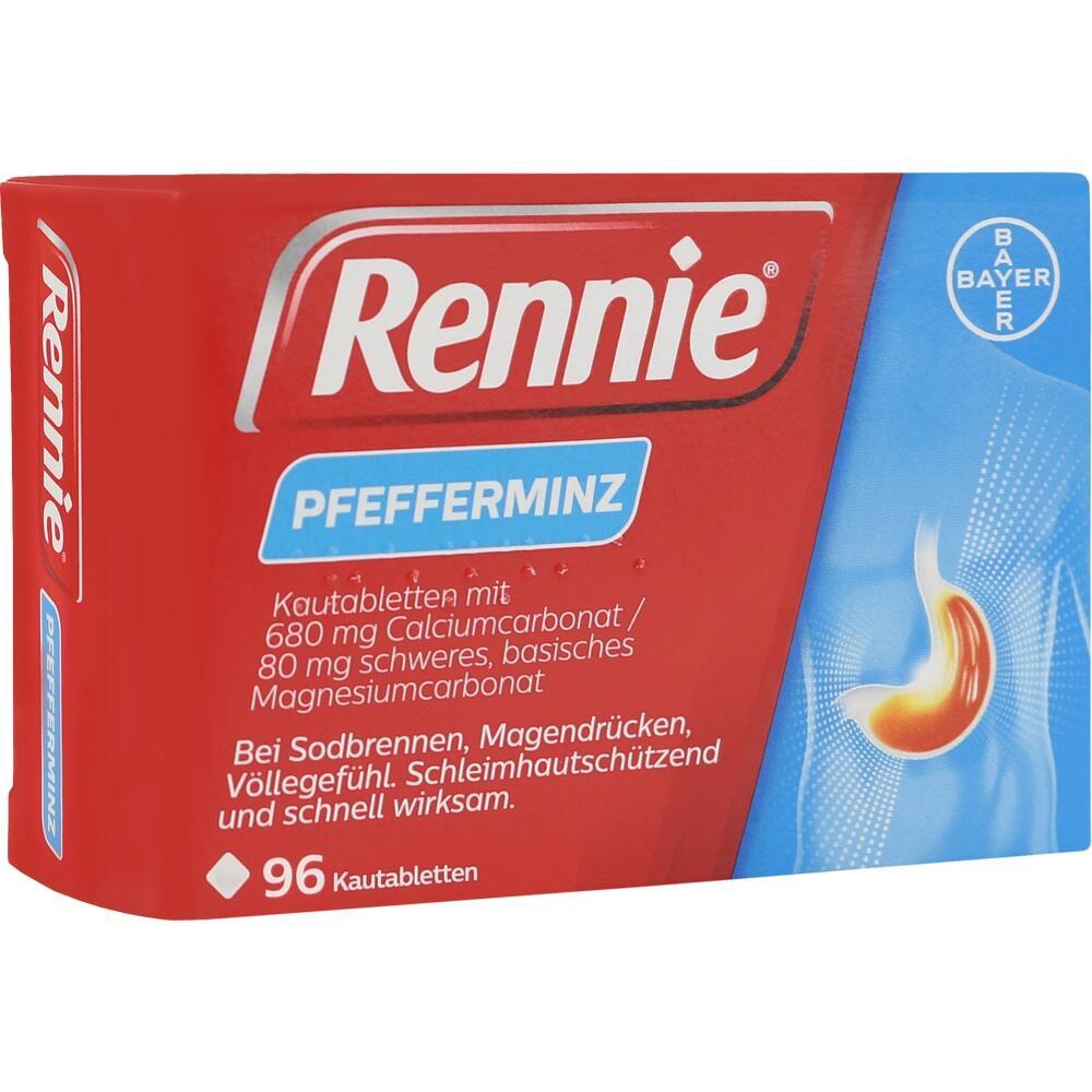 Rennie-Pfefferminztabletten gegen Sodbrennen in roter Verpackung.