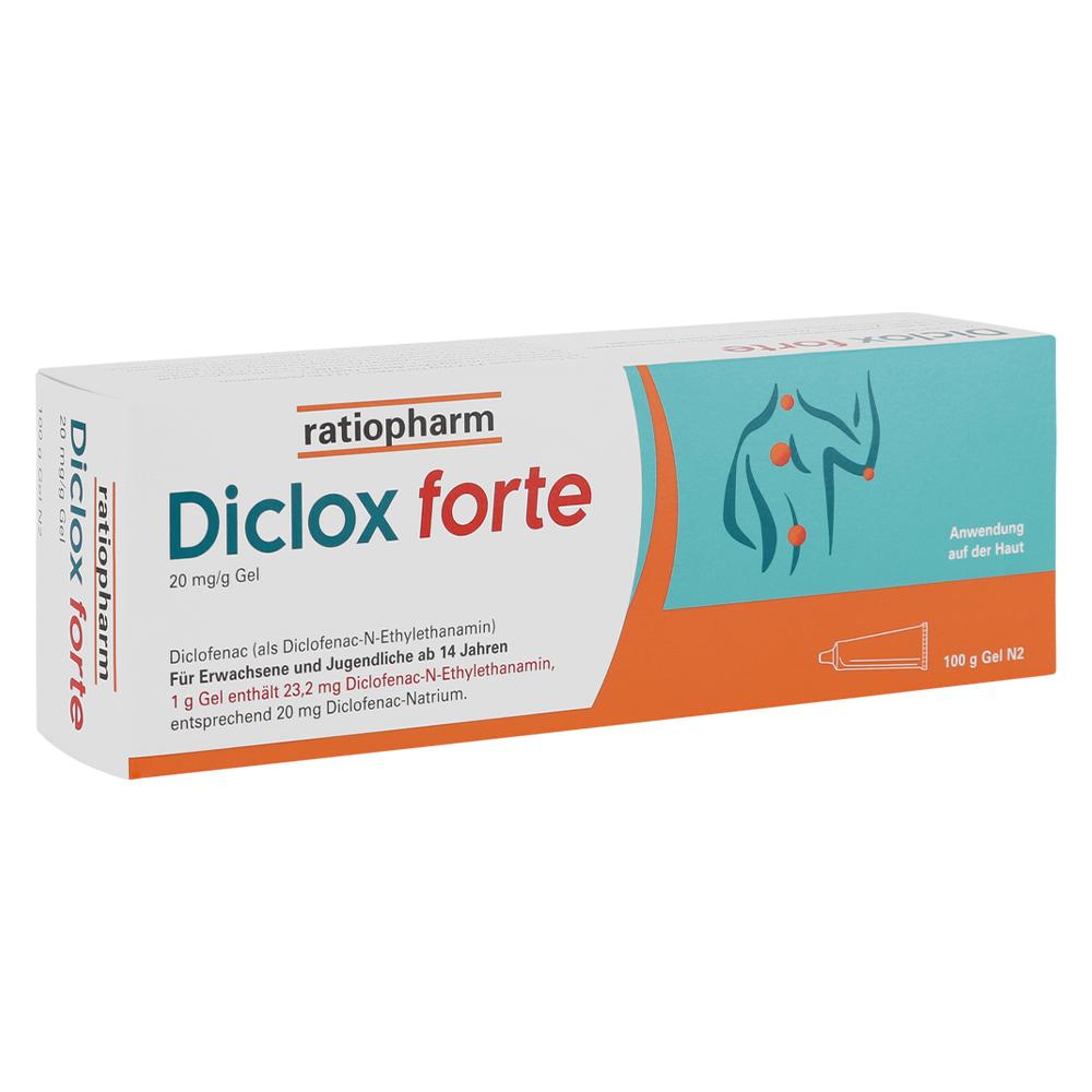 Eine Packung mit Diclox forte Schmerzgel von ratiopharm.