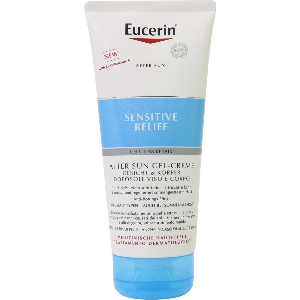 Eine Tube After-Sun-Gel mit blauem und wei&szlig;em Etikett.