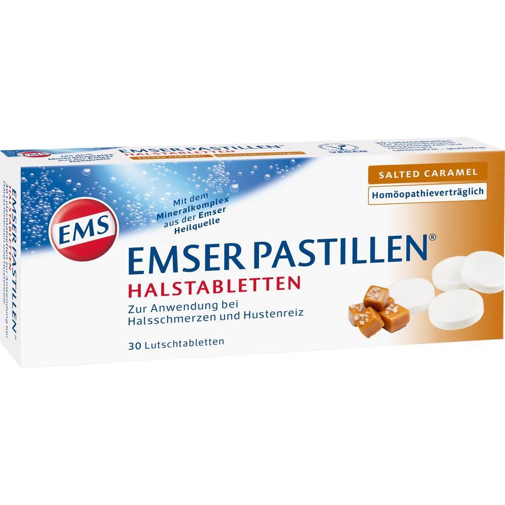 Packung von Emser Halspastillen mit Salzkaramell-Geschmack gegen Halsschmerzen.