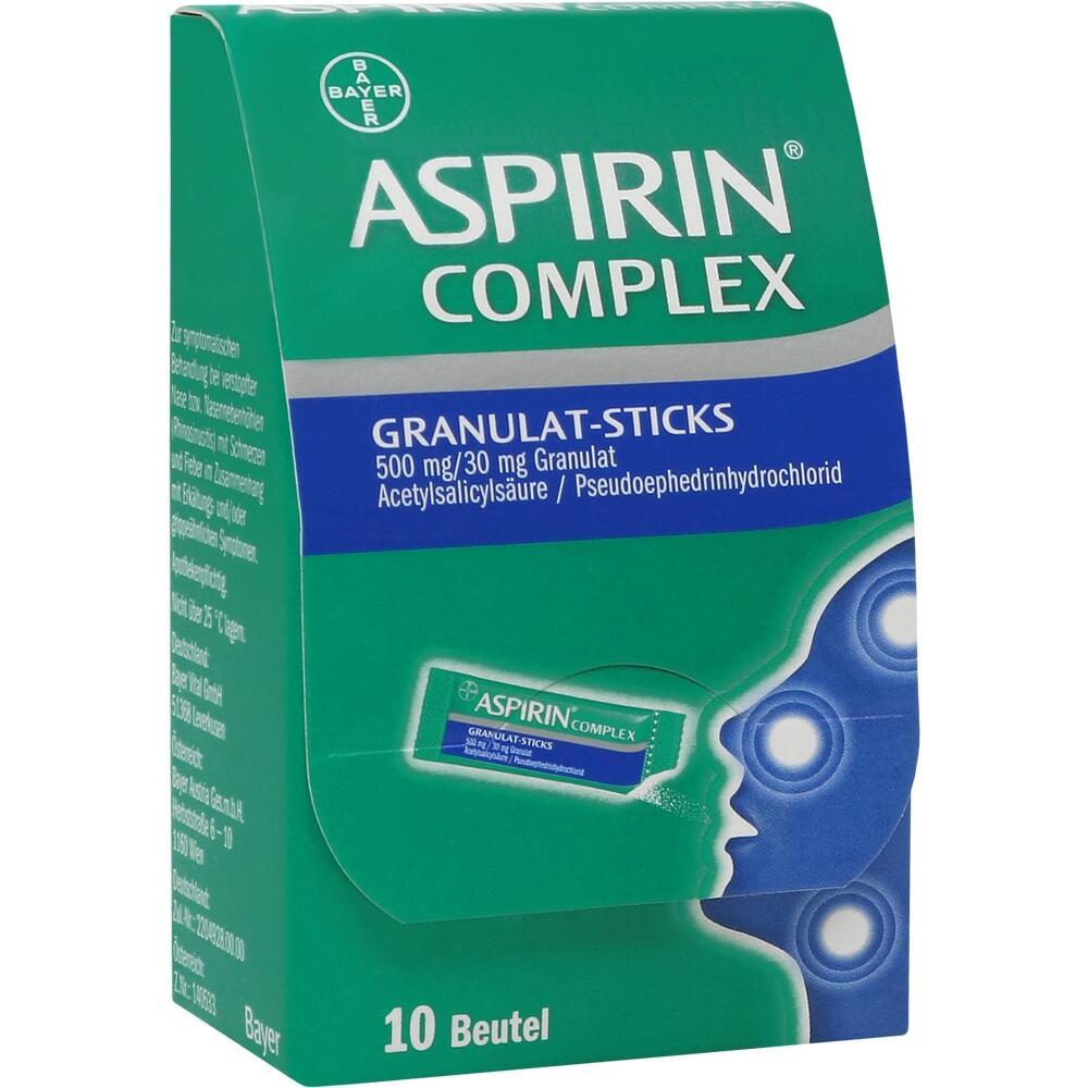 Gr&uuml;ne Packung von Aspirin Complex Granulat-Sticks mit 10 Beuteln.