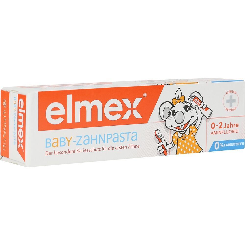 Verpackung von Elmex Baby-Zahnpasta mit Maus für Kinder von 0-2 Jahren.