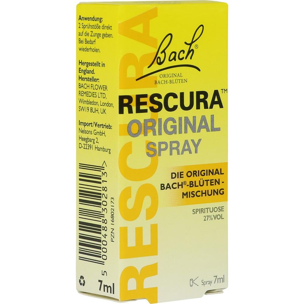 Gelbe Verpackung des RESCURA Original Sprays von Bach mit 7 ml Inhalt.