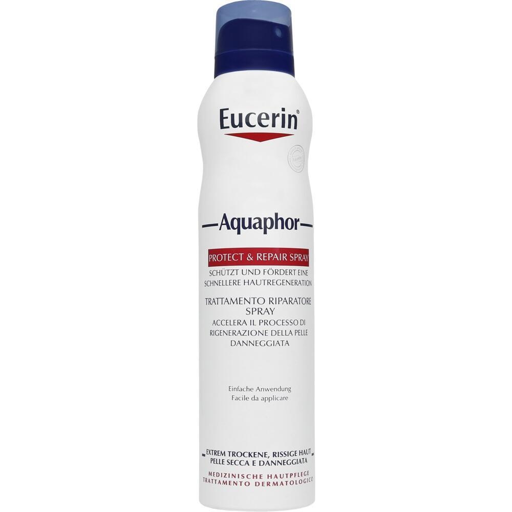 Eine wei&szlig;e Spr&uuml;hdose von Eucerin mit der Aufschrift "Aquaphor Protect & Repair".
