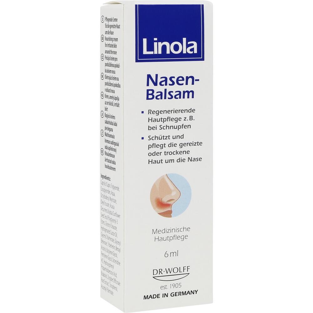 Eine Schachtel Nasen-Balsam der Marke Linola f&uuml;r gereizte Haut.