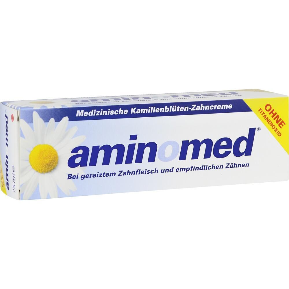 Weiße Zahnpastaverpackung mit einer Kamille und der Aufschrift "aminomed".