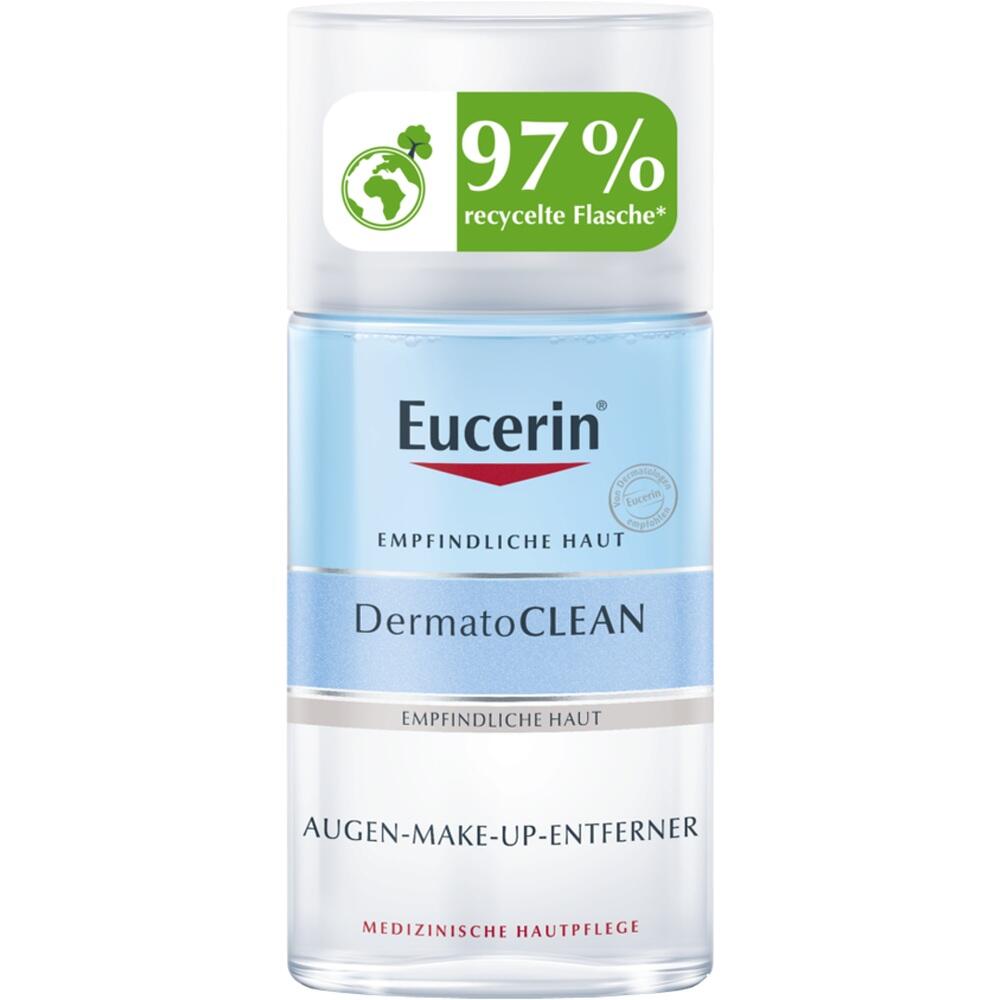 Flasche mit Eucerin Augen-Make-up-Entferner f&uuml;r empfindliche Haut aus recyceltem Material.