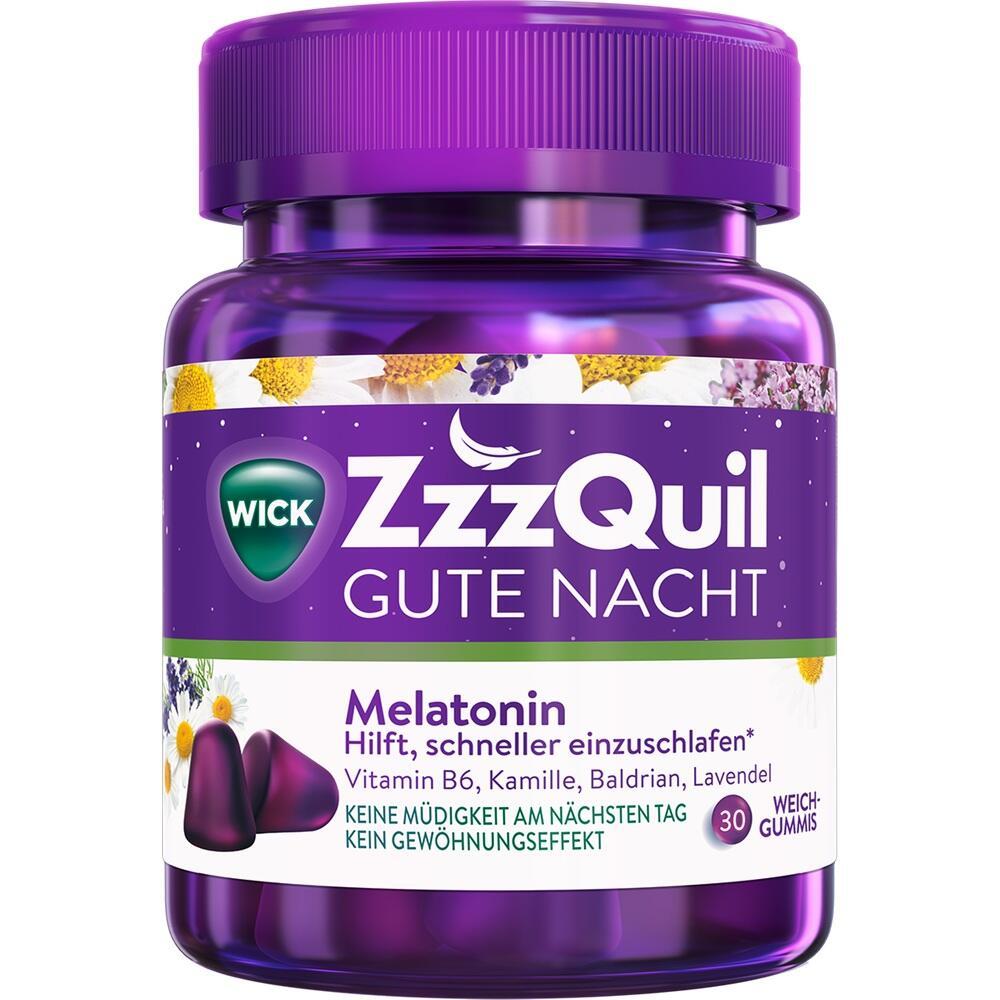 Lila Dose von ZzzQuil Gute Nacht mit Melatonin-Weichgummis f&uuml;r besseren Schlaf.