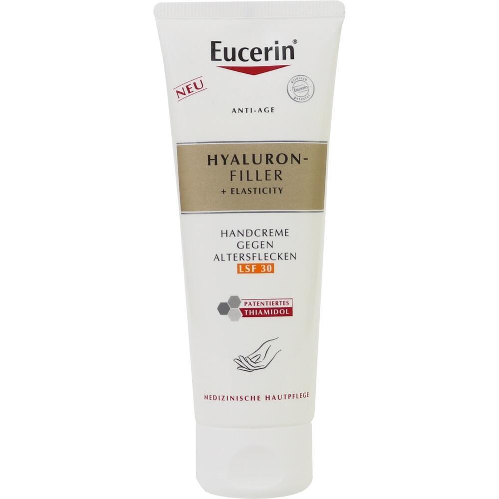 Wei&szlig;e Tube Eucerin Handcreme gegen Altersflecken mit LSF 30.
