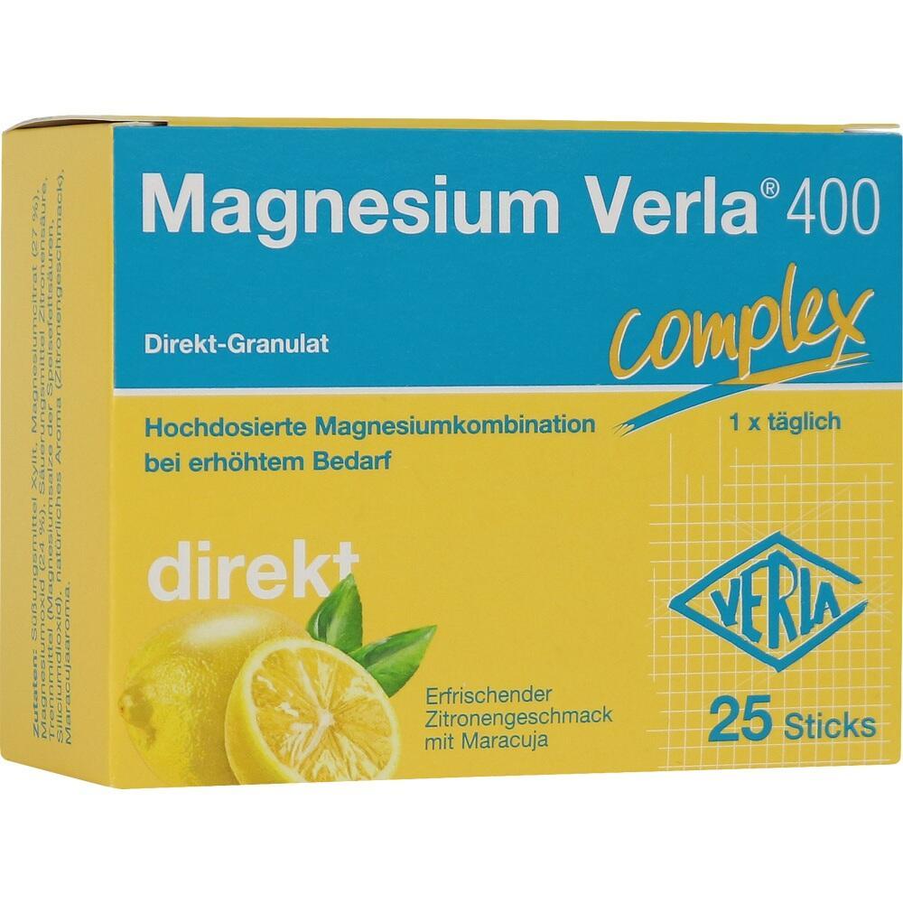 Verpackung von Magnesium Verla 400 mit Zitronenmotiv und 25 Sticks.