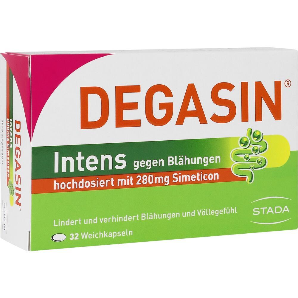 Packung mit 32 Kapseln gegen Bl&auml;hungen, enth&auml;lt 280 mg Simeticon.