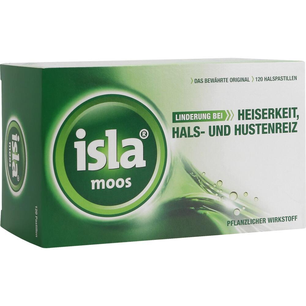 Gr&uuml;ne Packung von Isla Moos Lutschtabletten zur Linderung bei Heiserkeit und Hustenreiz.
