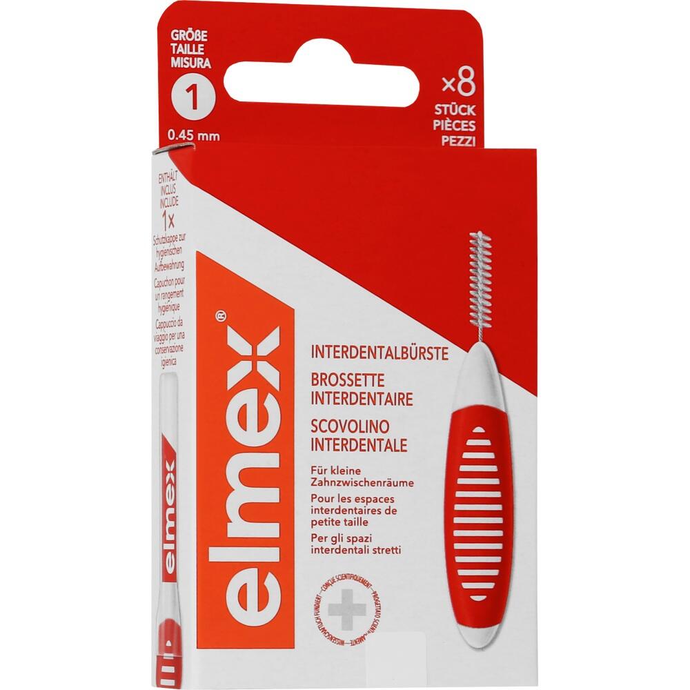 Verpackung einer roten Interdentalbürste von Elmex für kleine Zahnzwischenräume.