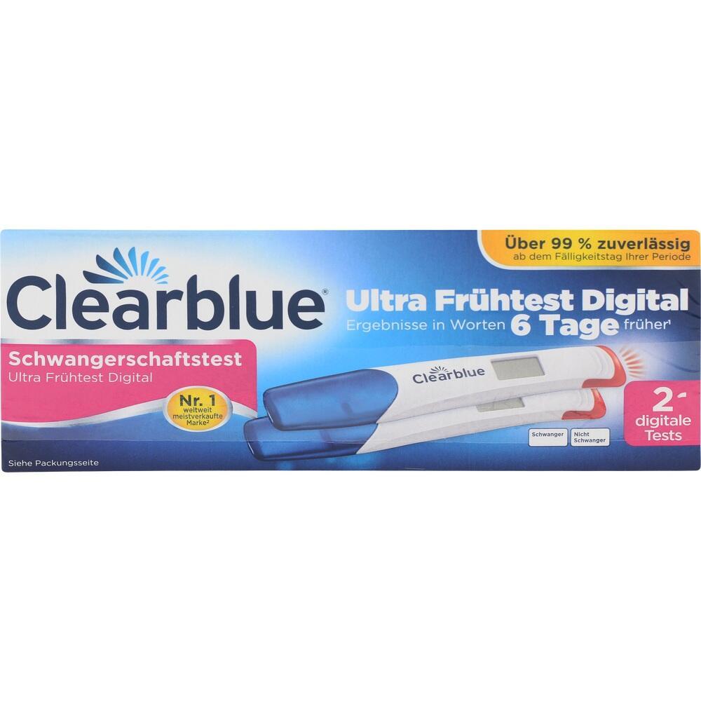 Verpackung eines digitalen Schwangerschaftstests von Clearblue mit zwei Tests.
