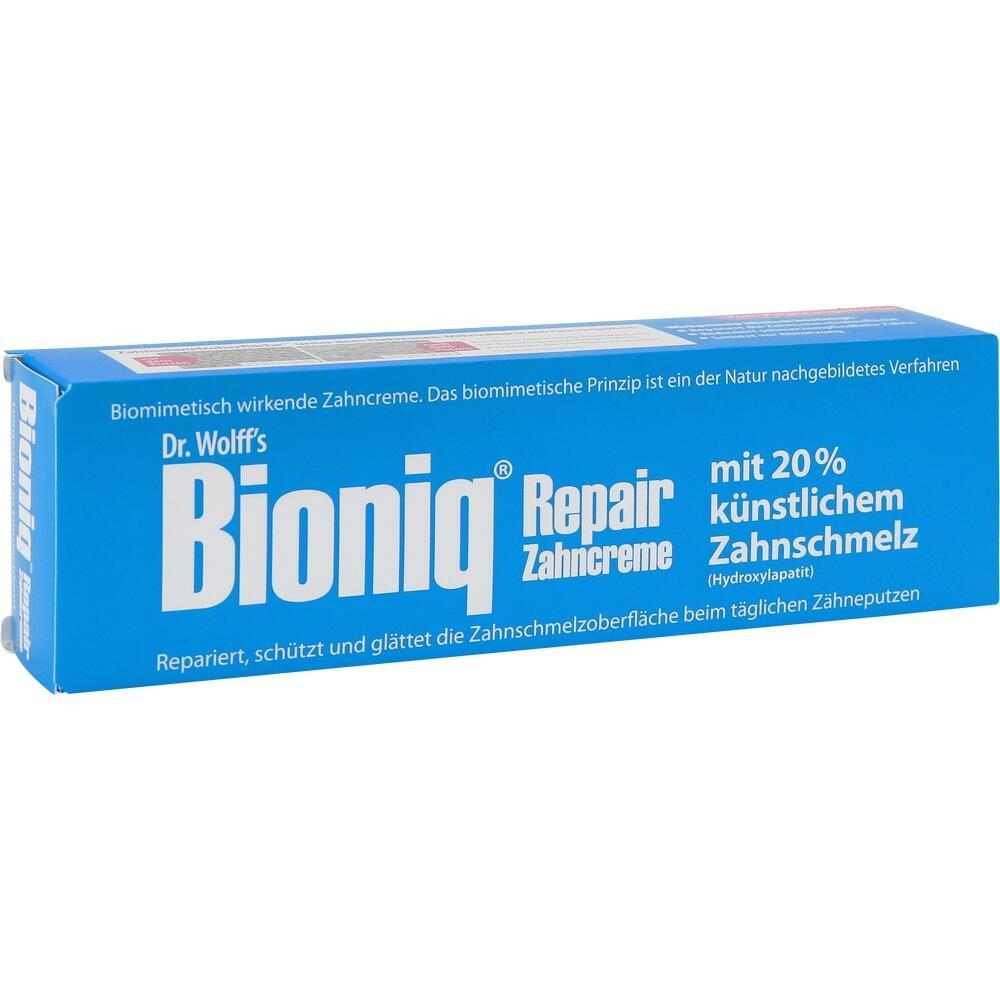 Eine blaue Zahnpastapackung mit der Aufschrift "Bioniq Repair Zahncreme".