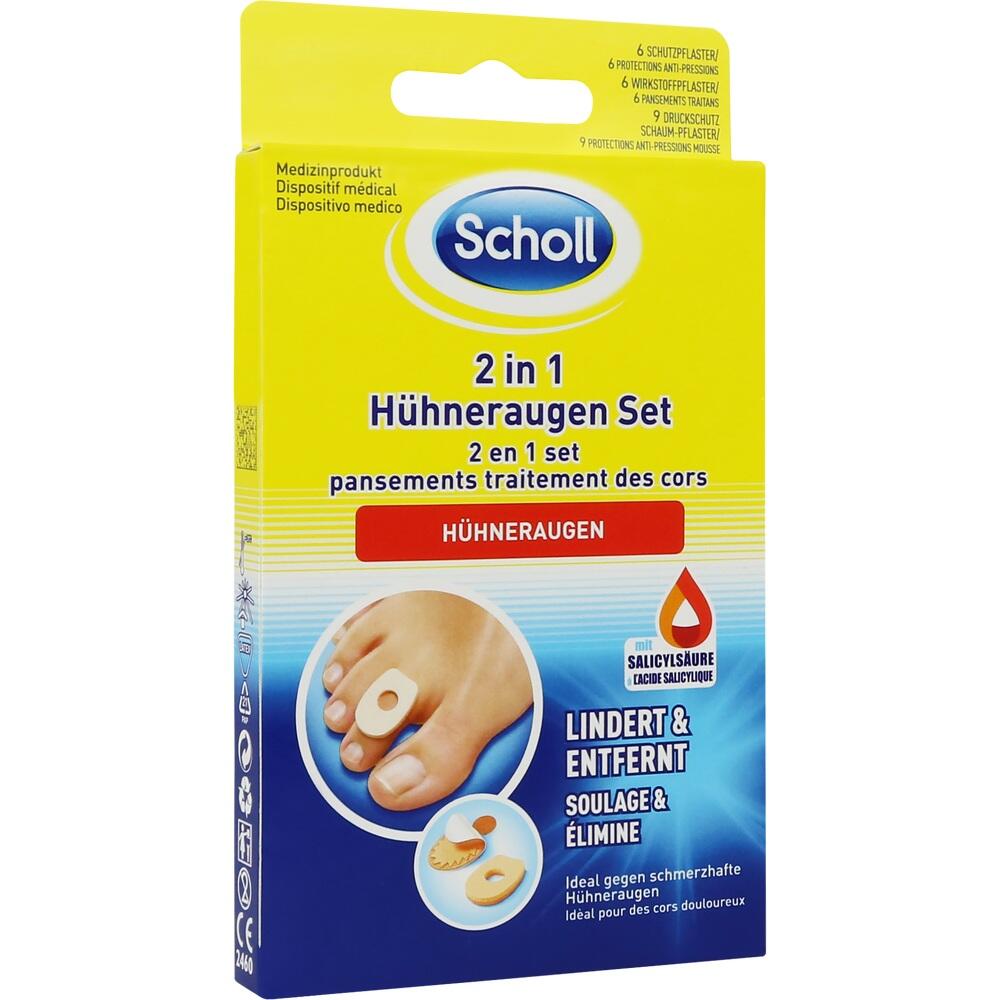 Gelbe Verpackung eines 2-in-1-Set gegen H&uuml;hneraugen von Scholl.