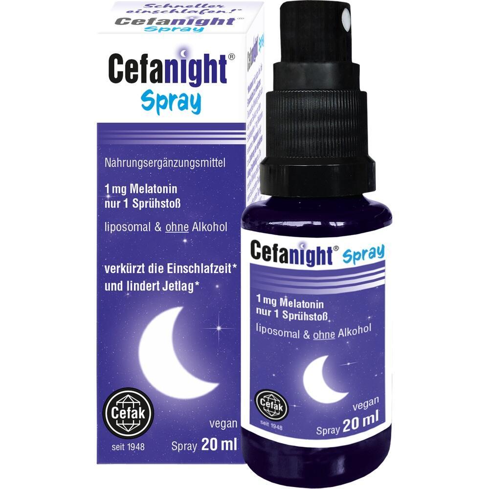 Eine lila Flasche und Verpackung eines Melatonin-Sprays zur Schlafunterstützung.