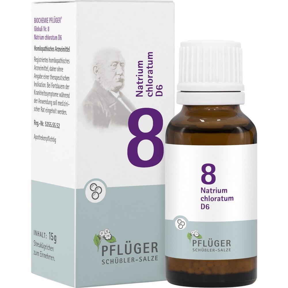 Braune Flasche und Schachtel mit der Aufschrift "Natrium chloratum D6" und der Zahl 8.