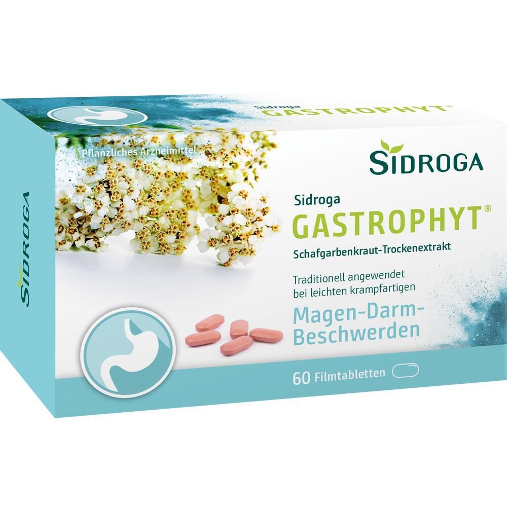 Verpackung von Sidroga GastroPhyt mit Tabletten und Kräutern auf dem Bild.