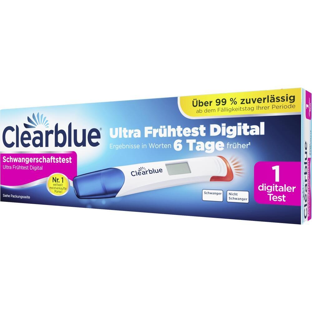 Verpackung eines digitalen Schwangerschaftstests von Clearblue mit Fr&uuml;htestergebnis.