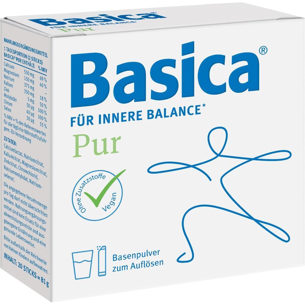 Wei&szlig;e Packung mit blauem Text: Basenpulver f&uuml;r den S&auml;ure-Basen-Haushalt, vegan und ohne Zusatzstoffe.