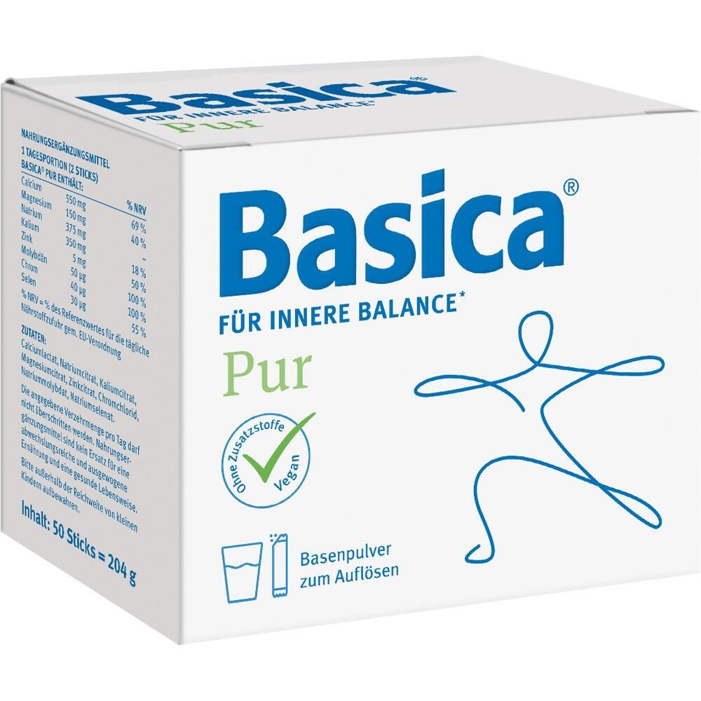 Wei&szlig;e Packung mit dem blauen Schriftzug "Basica Pur" und Infos zu Basenpulver.