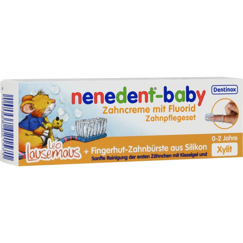 Verpackung einer Zahncreme f&uuml;r Babys mit einem gezeichneten Mausmotiv.