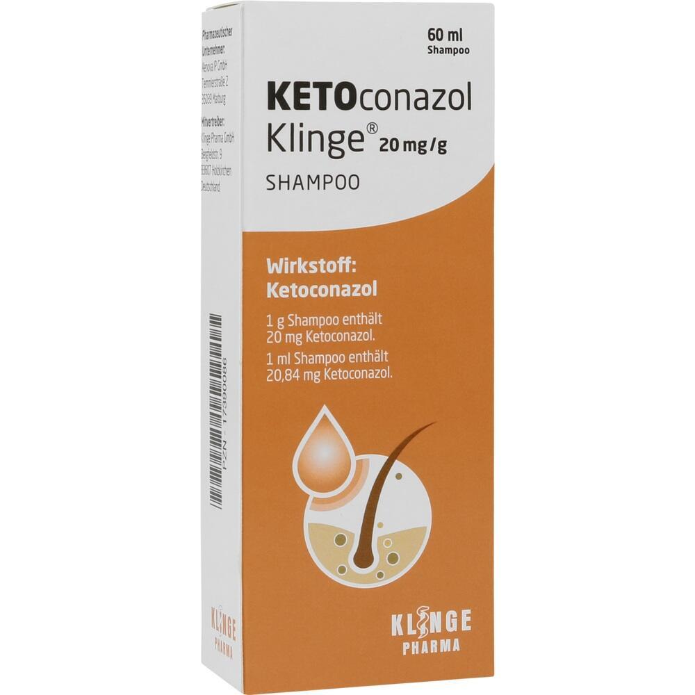 Orange-weiße Shampoo-Verpackung mit Ketoconazol als Wirkstoff.