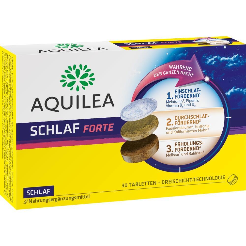 Verpackung von Schlaf-Forte-Tabletten von Aquilea, die beim Schlafen helfen sollen.