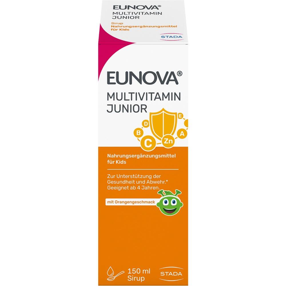 Wei&szlig;e und orangefarbene Verpackung eines Multivitaminsirups f&uuml;r Kinder ab 4 Jahren.