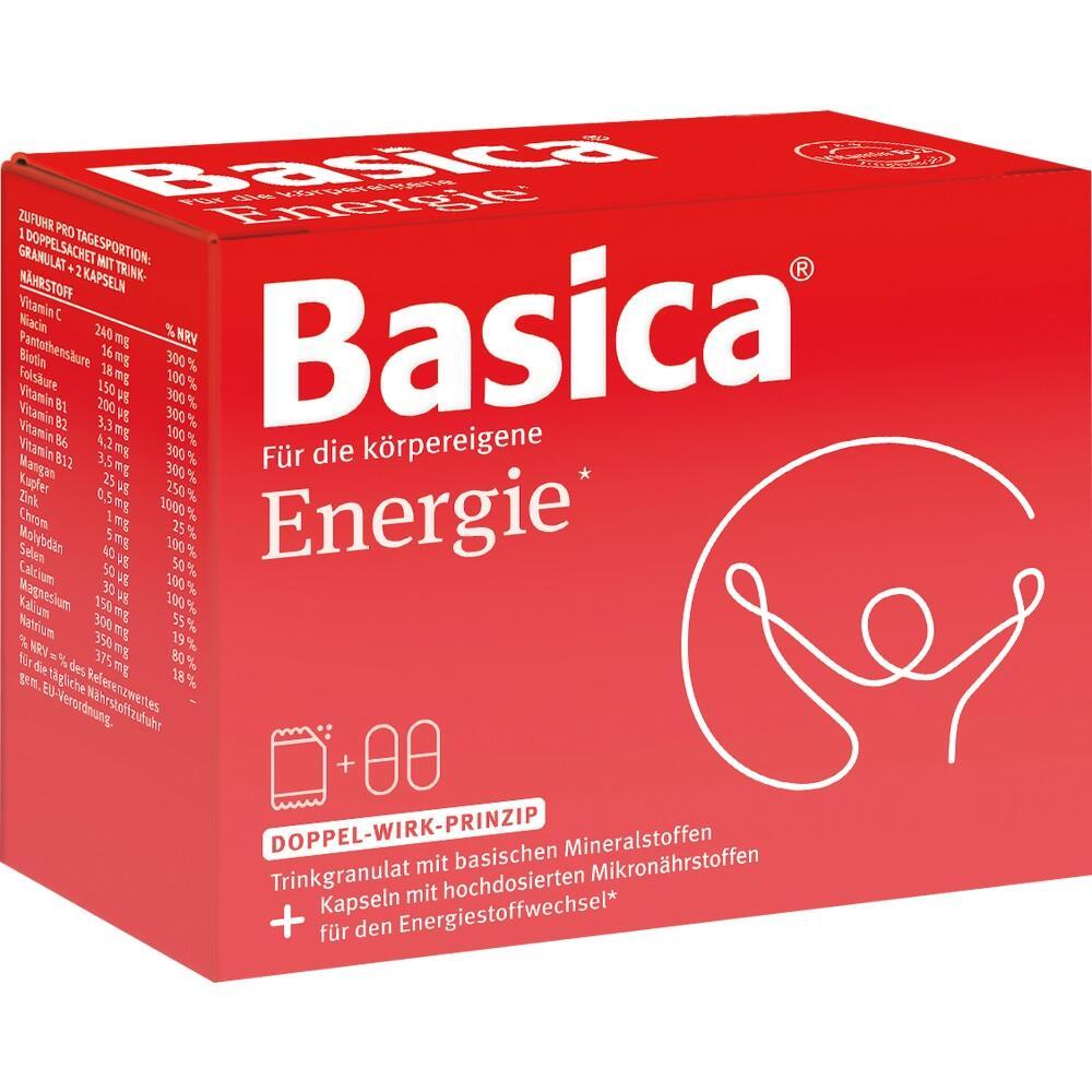 Rote Packung von Basica Energie mit Granulat und Kapseln.