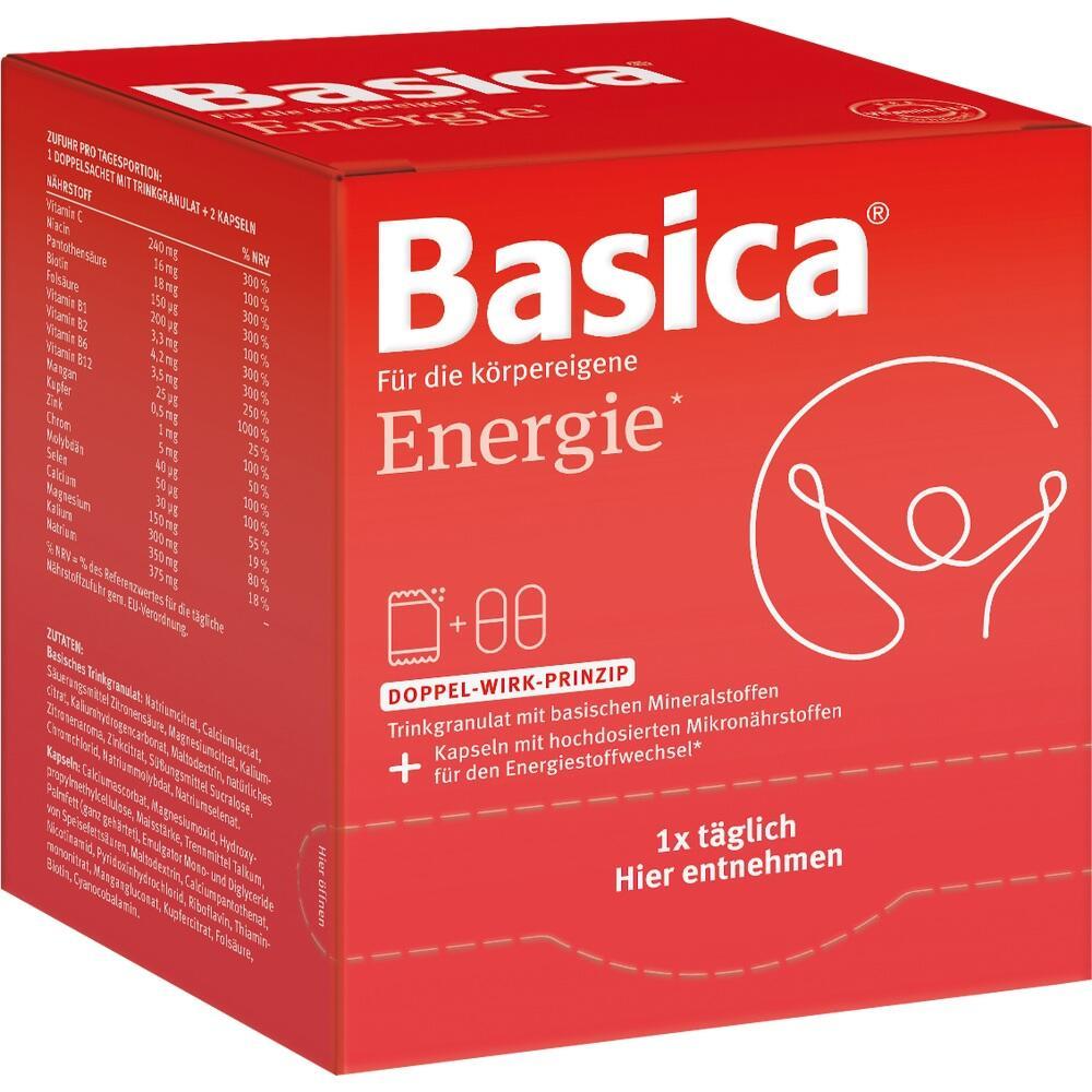 Rote Packung mit dem Produktnamen "Basica Energie" und Symbolen f&uuml;r Granulat und Kapseln.