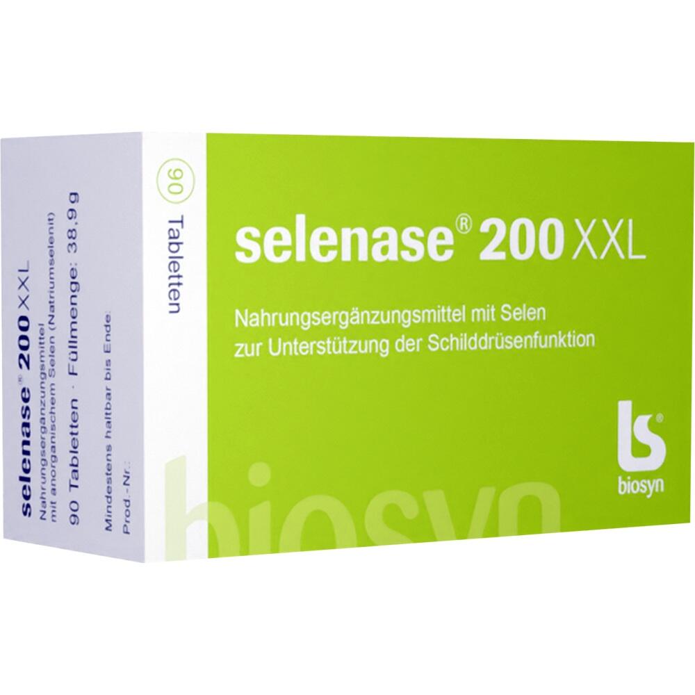 Grüne Verpackung von Selenase 200 XXL mit 90 Tabletten zur Schilddrüsenunterstützung.