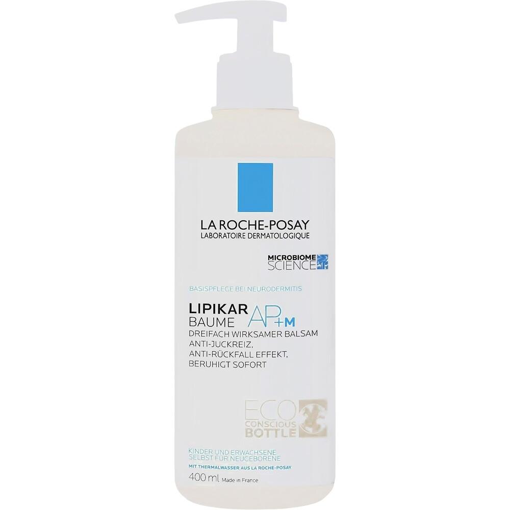 Wei&szlig;e Flasche mit Pumpspender und blauer Aufschrift "Lipikar Baume AP+M".