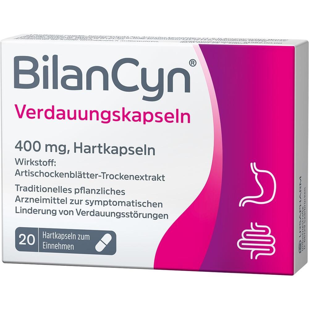 Weiße und pinke Packung mit Verdauungskapseln, 400 mg, 20 Hartkapseln.