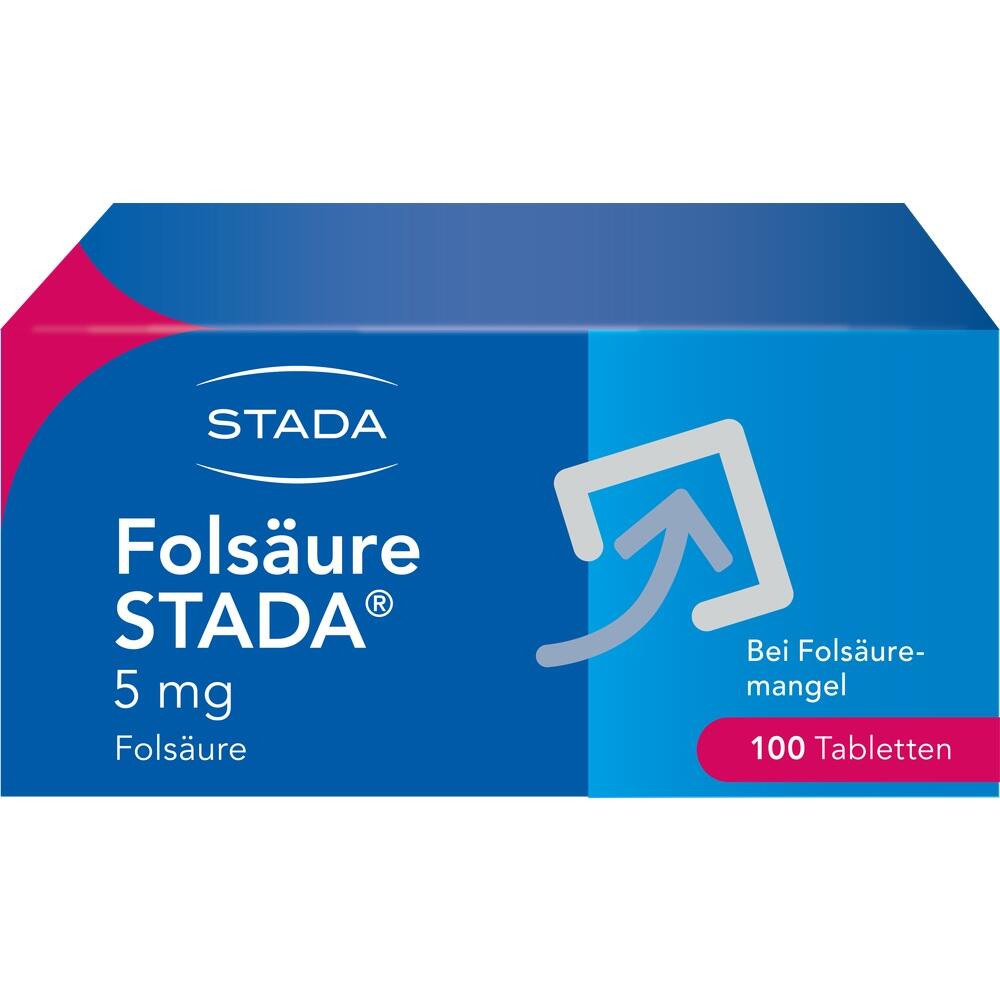 Blaue Packung von Fols&auml;ure-Tabletten der Marke Stada.