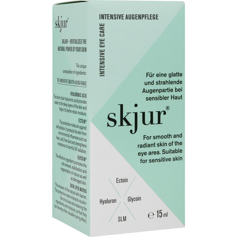 Ein grüner Karton mit der Aufschrift "skjur" für Augenpflege bei sensibler Haut.