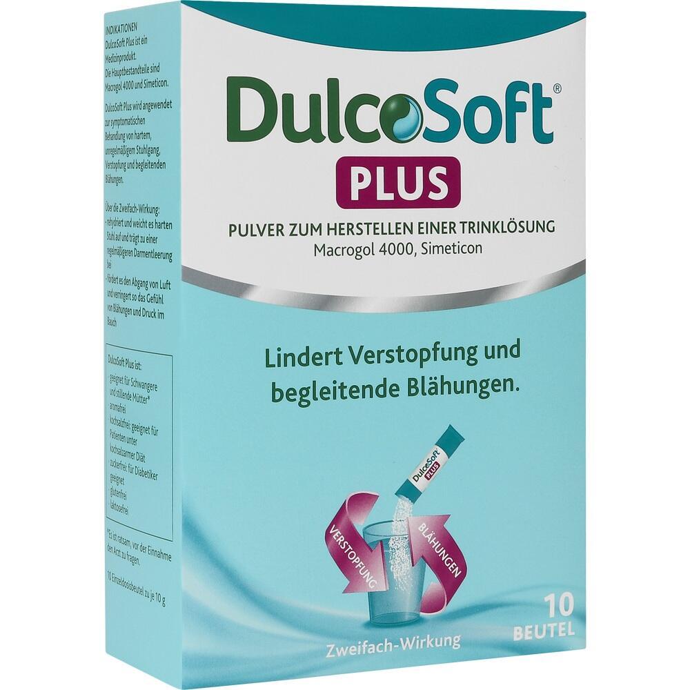 Verpackung von DulcoSoft Plus, Pulver gegen Verstopfung und Bl&auml;hungen, 10 Beutel.