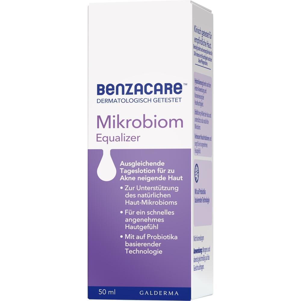 Eine wei&szlig;e und lilafarbene Verpackung von Benzacare Mikrobiom Equalizer Lotion.