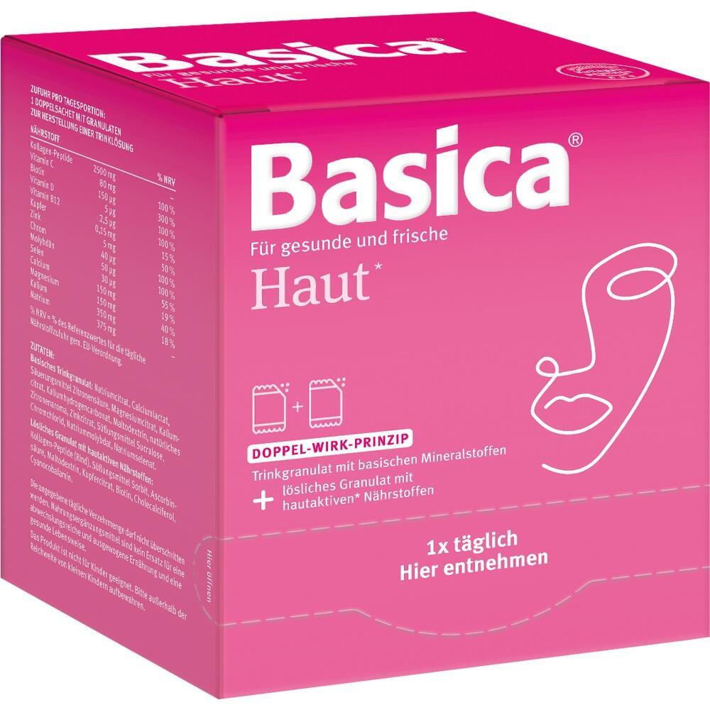 Eine pinke Verpackung von Basica Haut, einem Trinkgranulat f&uuml;r gesunde Haut.