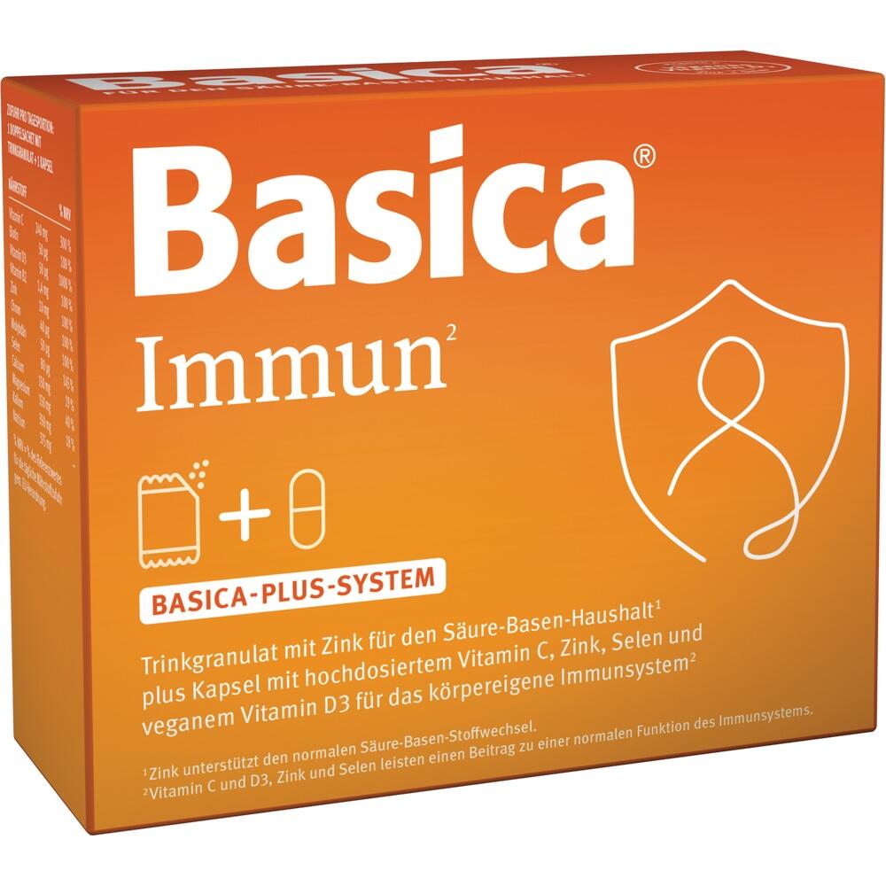 Orange Karton mit der Aufschrift "Basica Immun" und einem Schutzschild-Symbol.