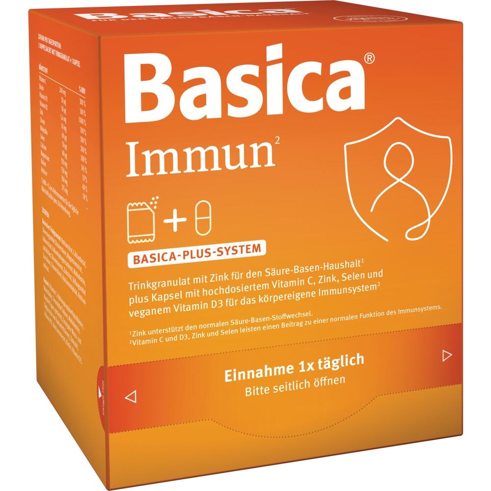 Orangene Verpackung von Basica Immun mit Zink- und Vitamin-C-Kapseln zur Immunst&auml;rkung.