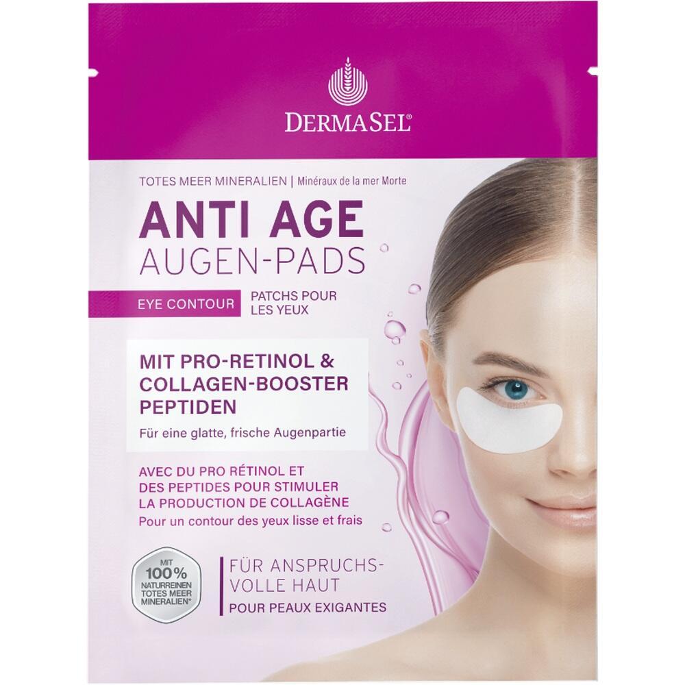 Verpackung von Anti-Age Augen-Pads mit einer Frau, die ein Pad unter dem Auge tr&auml;gt.