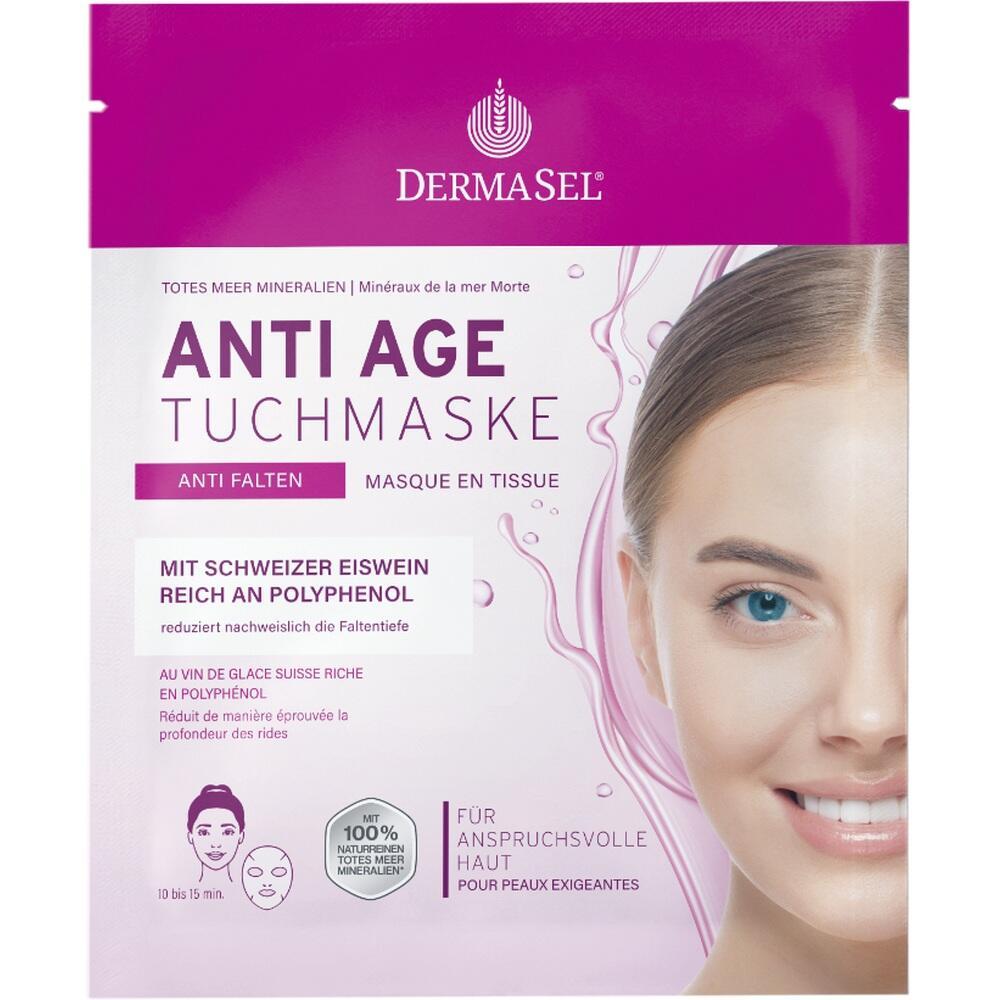 Die Verpackung zeigt eine Anti-Age-Tuchmaske von DermaSel mit einer lächelnden Frau.