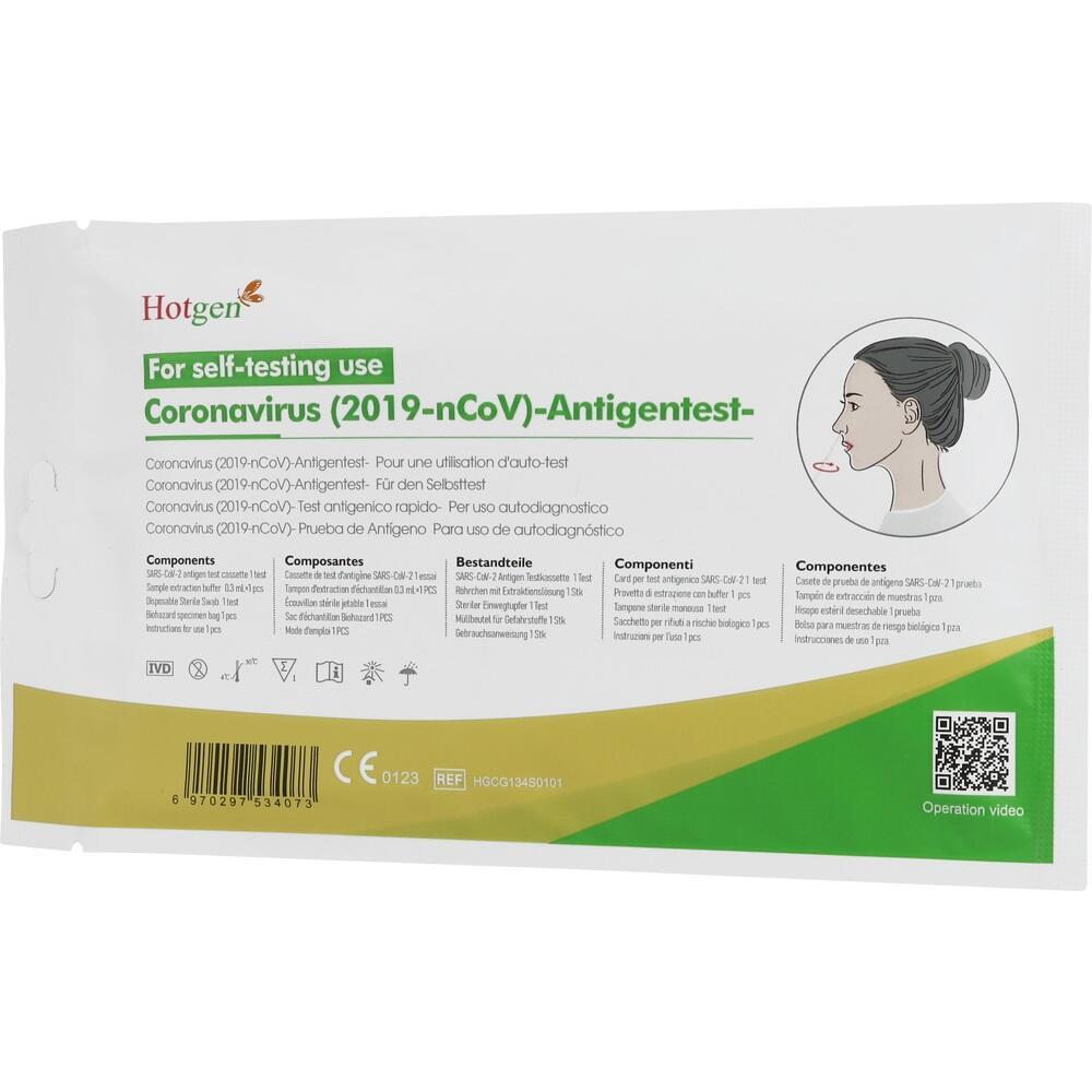 Verpackung eines Corona-Antigentests f&uuml;r den Selbsttest mit Diagramm zur Anwendung.