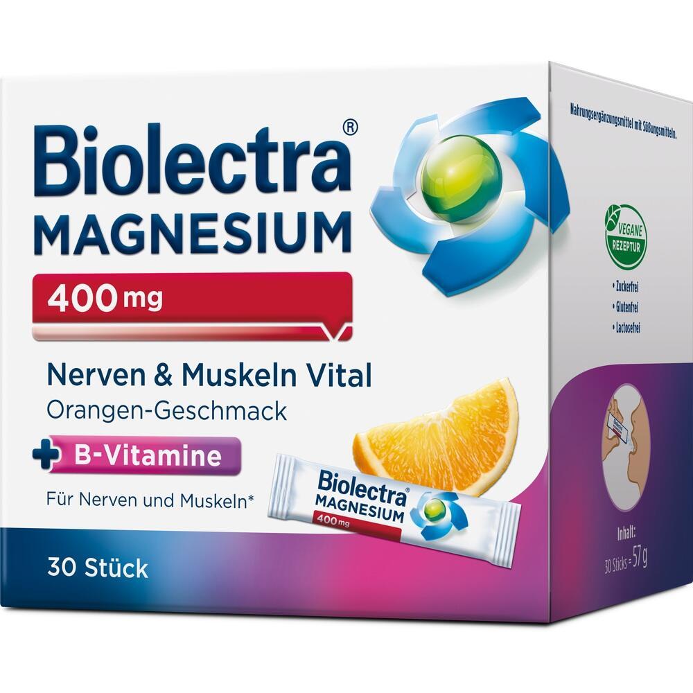 Packung Biolectra Magnesium mit Orangen-Geschmack f&uuml;r Nerven und Muskeln.