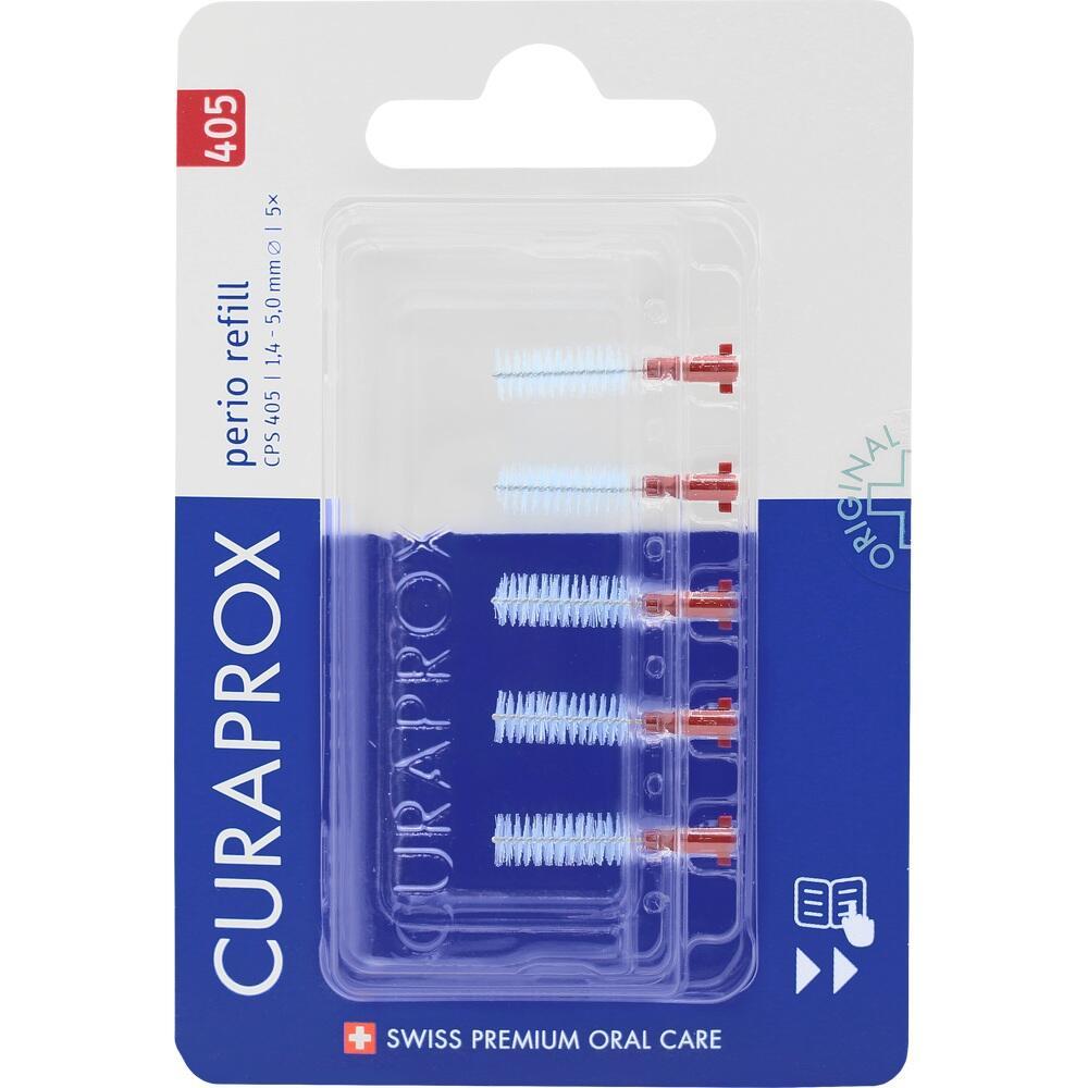 Eine Packung mit fünf blauen Interdentalbürsten mit roten Griffen.