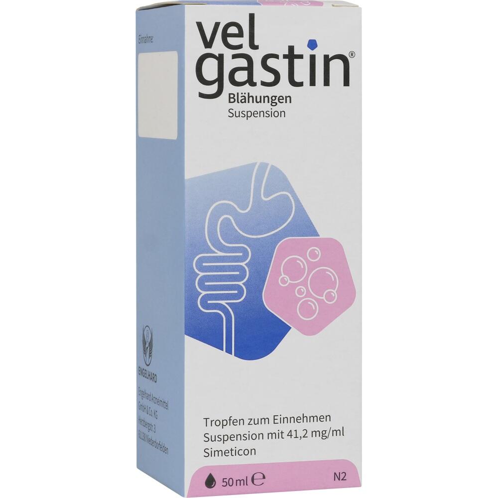 Eine Schachtel Medizin gegen Bl&auml;hungen mit einer Zeichnung eines Magens.