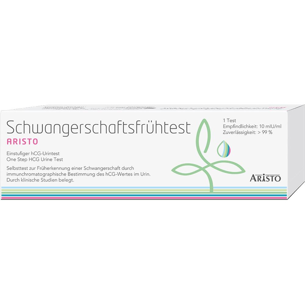 Schachtel eines Schwangerschaftsfr&uuml;htests mit Beschriftung und Logo.